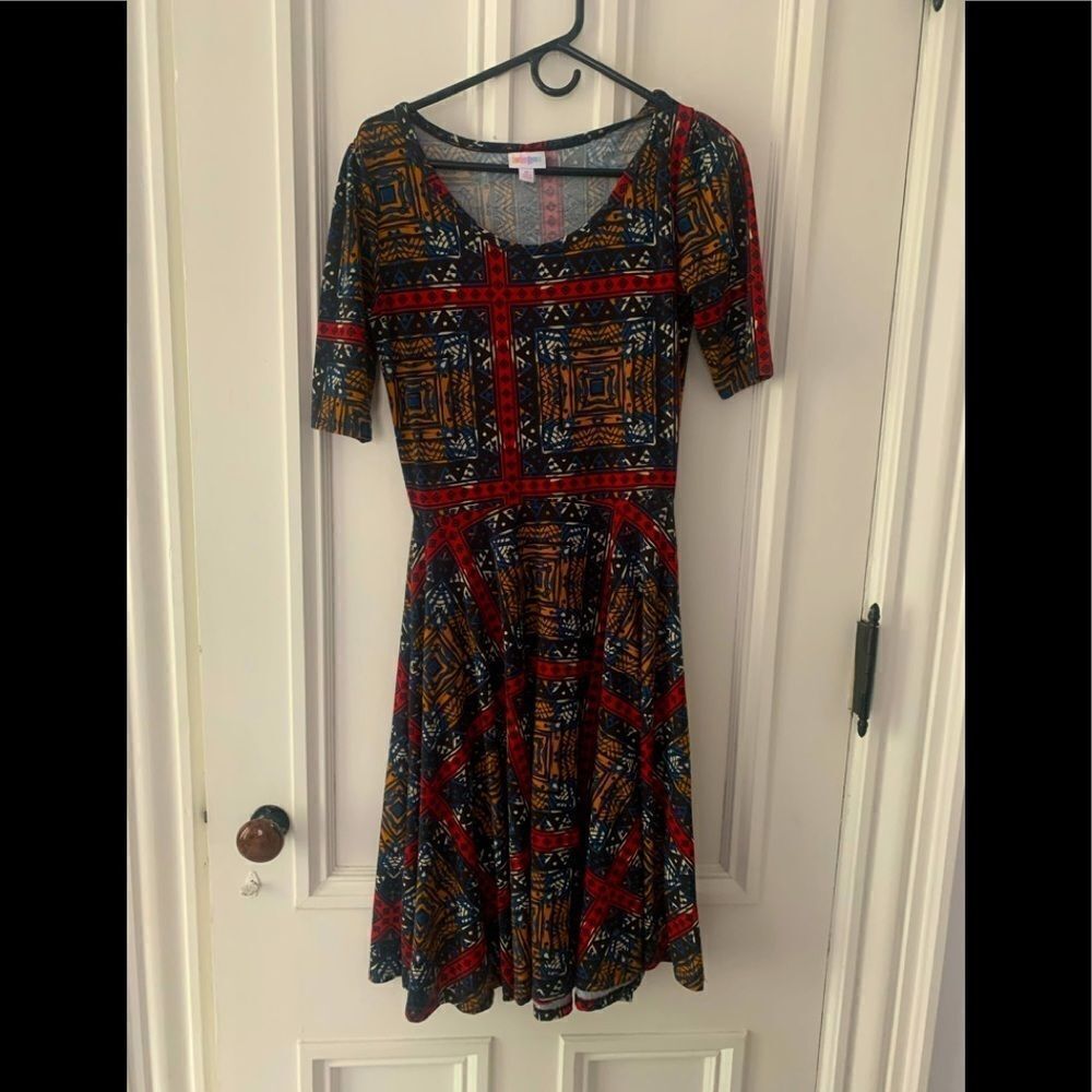 Lularoe black/blue/red/gold Nicole dress M